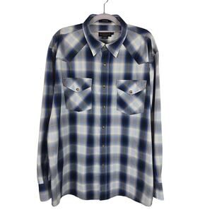 Pendleton Frontier Blue White Plaid Western Country Men's Dress Shirt XL